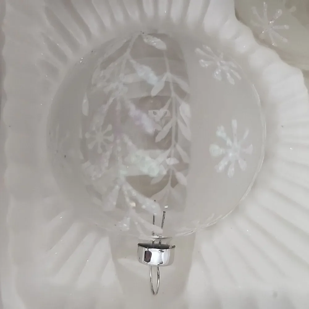Vintage 5 Christmas Ornaments BRADFORD Clear Glass W/ White Glitter Decoration
